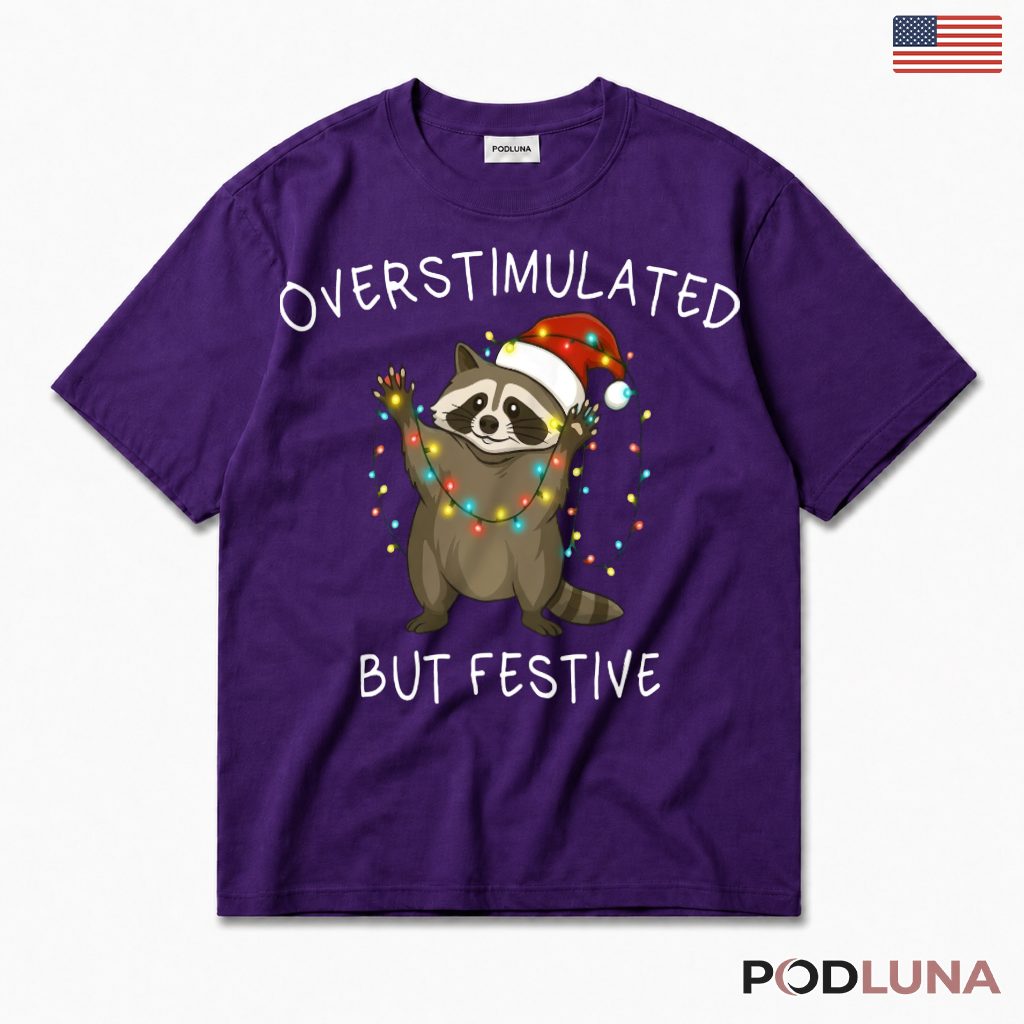 Raccoon Overstimulated Christmas T-Shirt Twinkle Bulbs Blue Cozy Fun