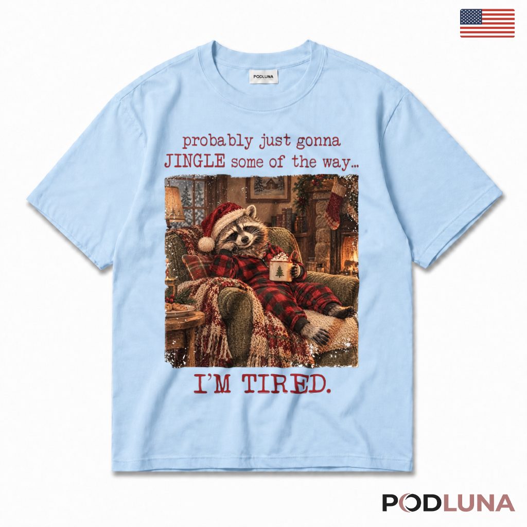 Raccoon Plaid Pajamas Christmas T-Shirt Armchair Cocoa Mug Fireplace Stocking