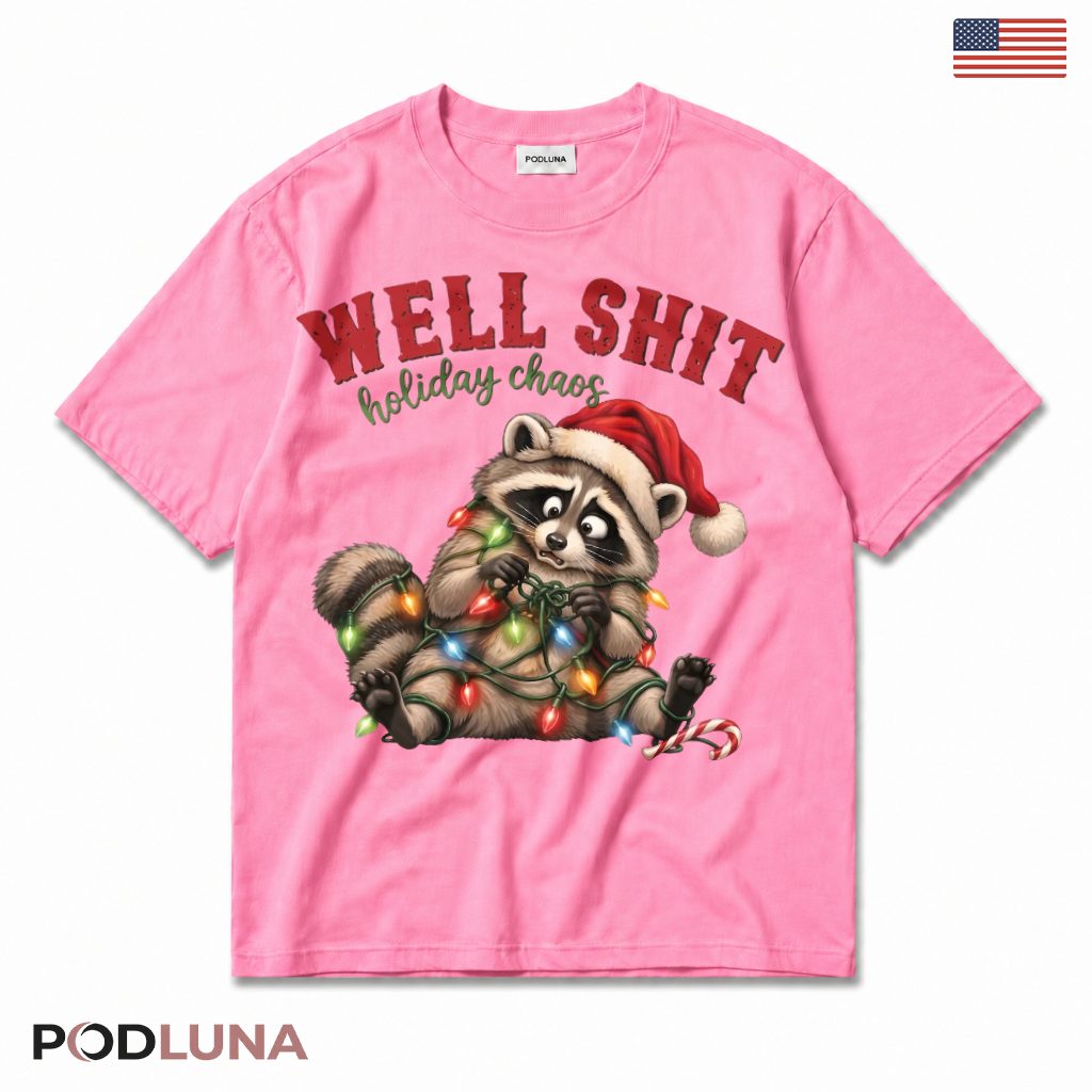 Raccoon Tangled Lights Christmas T-Shirt Holiday Chaos Candy Cane Funny Gift