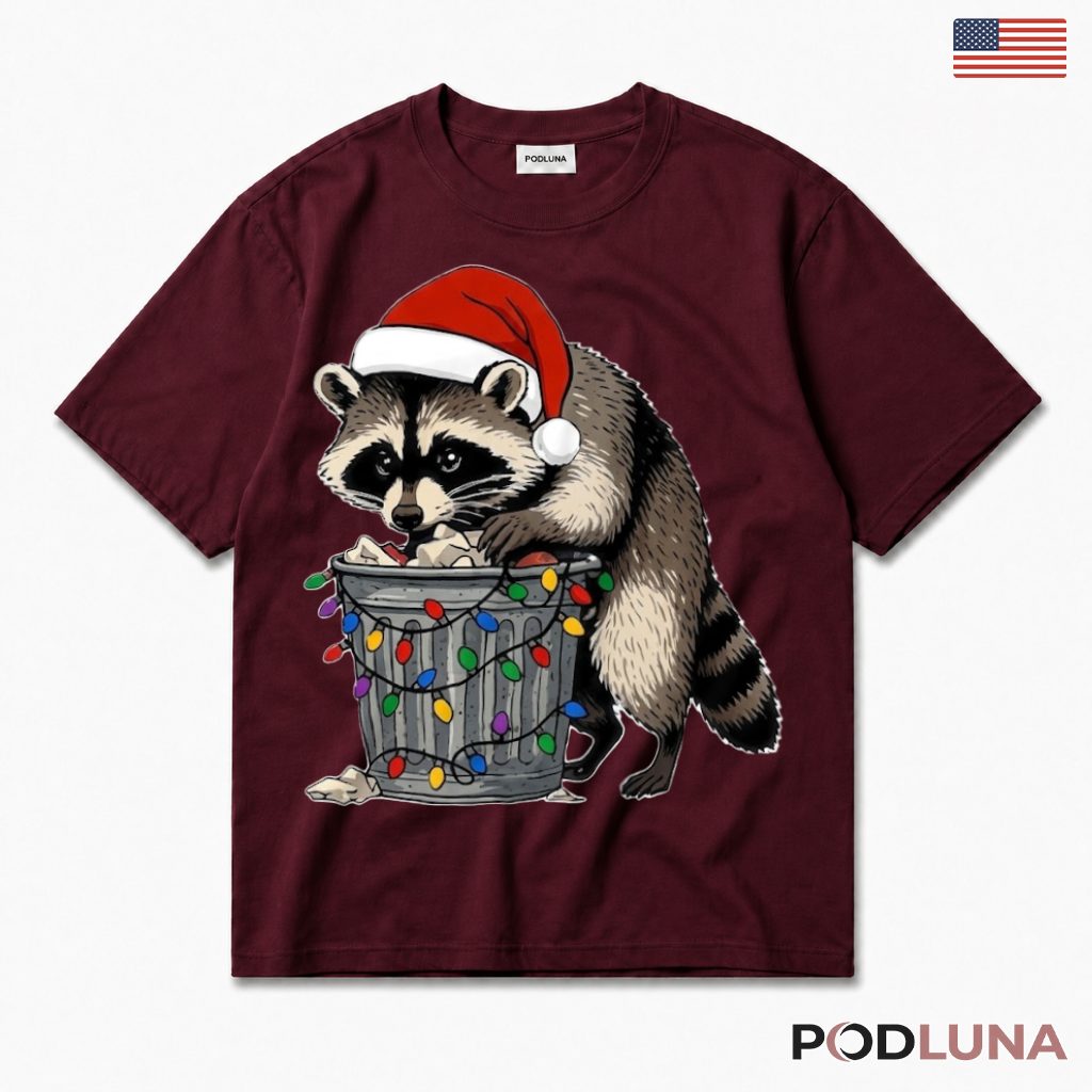 Raccoon Trash Can Christmas T-Shirt Santa Hat Funny Snacks Lights