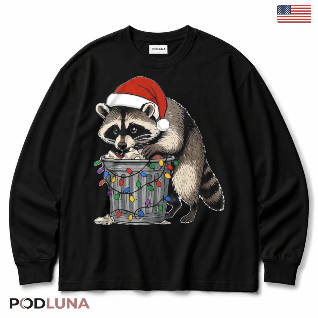 Raccoon Trash Can Christmas Long Sleeve Santa Hat Funny Snacks Lights Raccoon Trash Can Christmas Long Sleeve Santa Hat Funny Snacks Lights