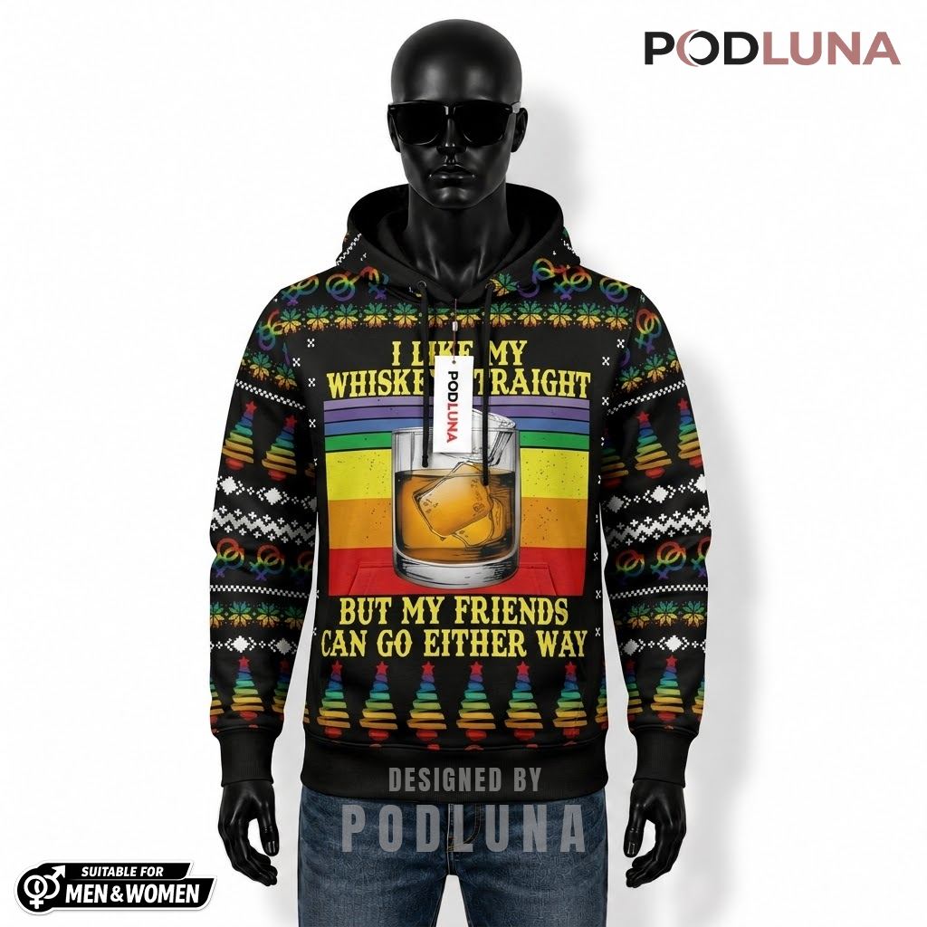 Rainbow Whiskey Glass LGBTQ Ugly Christmas 3D Hoodie 1