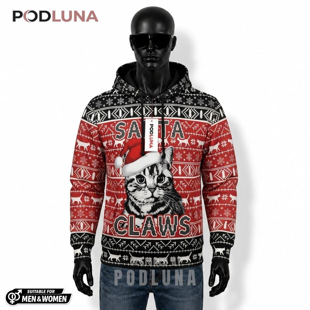 Red Black Pattern Cat Santa Hat Funny Ugly Christmas 3D Hoodie 1