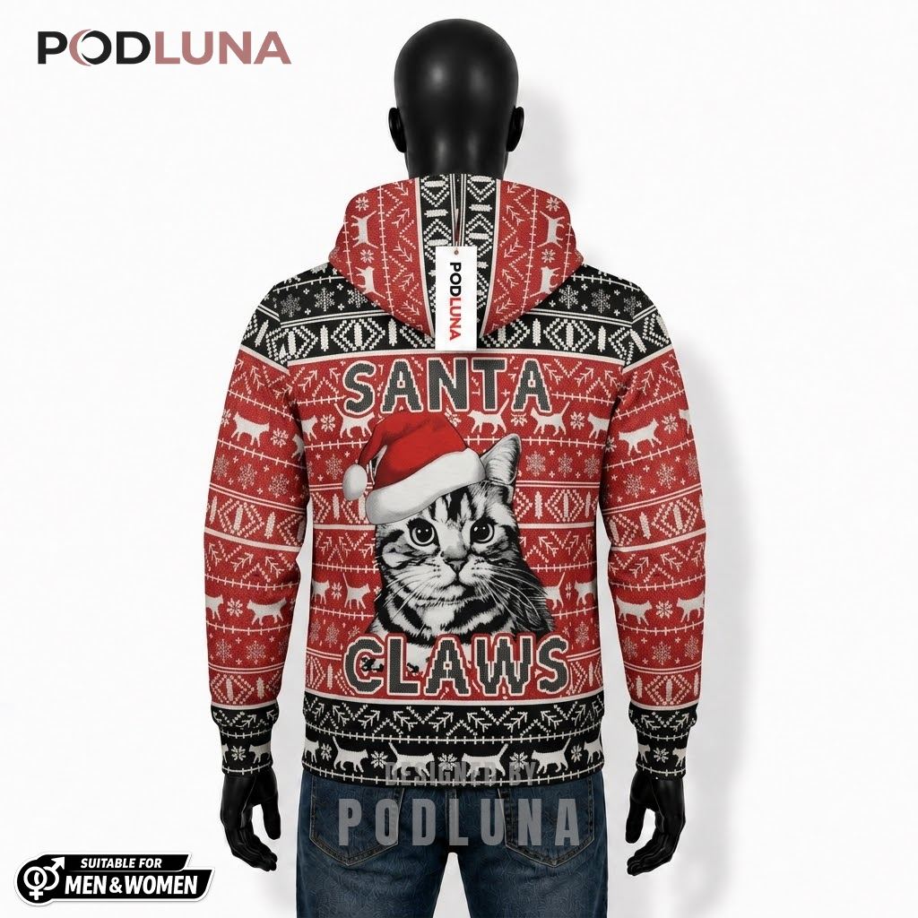 Red Black Pattern Cat Santa Hat Funny Ugly Christmas 3D Hoodie 2 Red Black Pattern Cat Santa Hat Funny Ugly Christmas 3D Hoodie 2