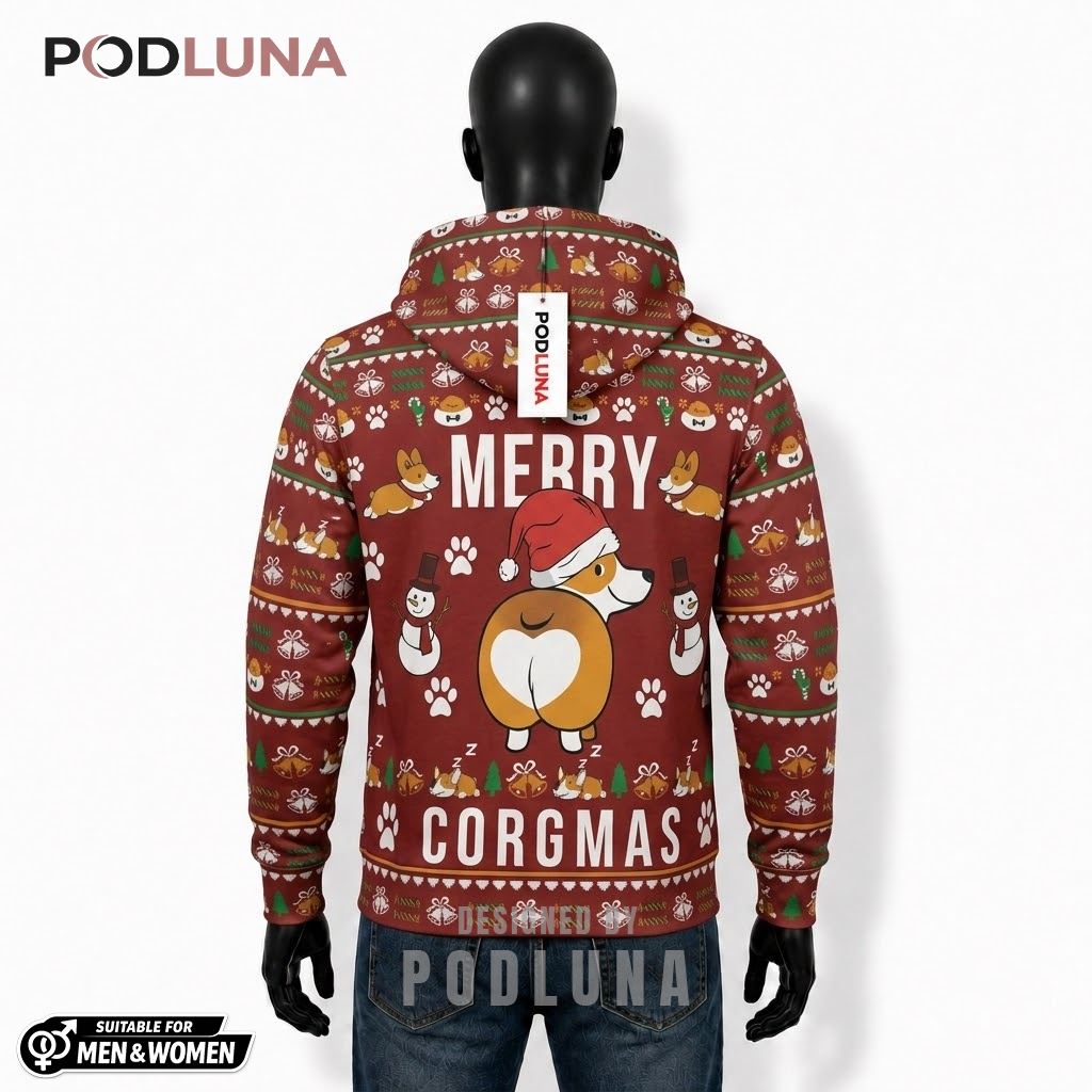 Red Snowman Pattern Corgi Santa Hat Funny Ugly Christmas 3D Hoodie 2 Red Snowman Pattern Corgi Santa Hat Funny Ugly Christmas 3D Hoodie 2