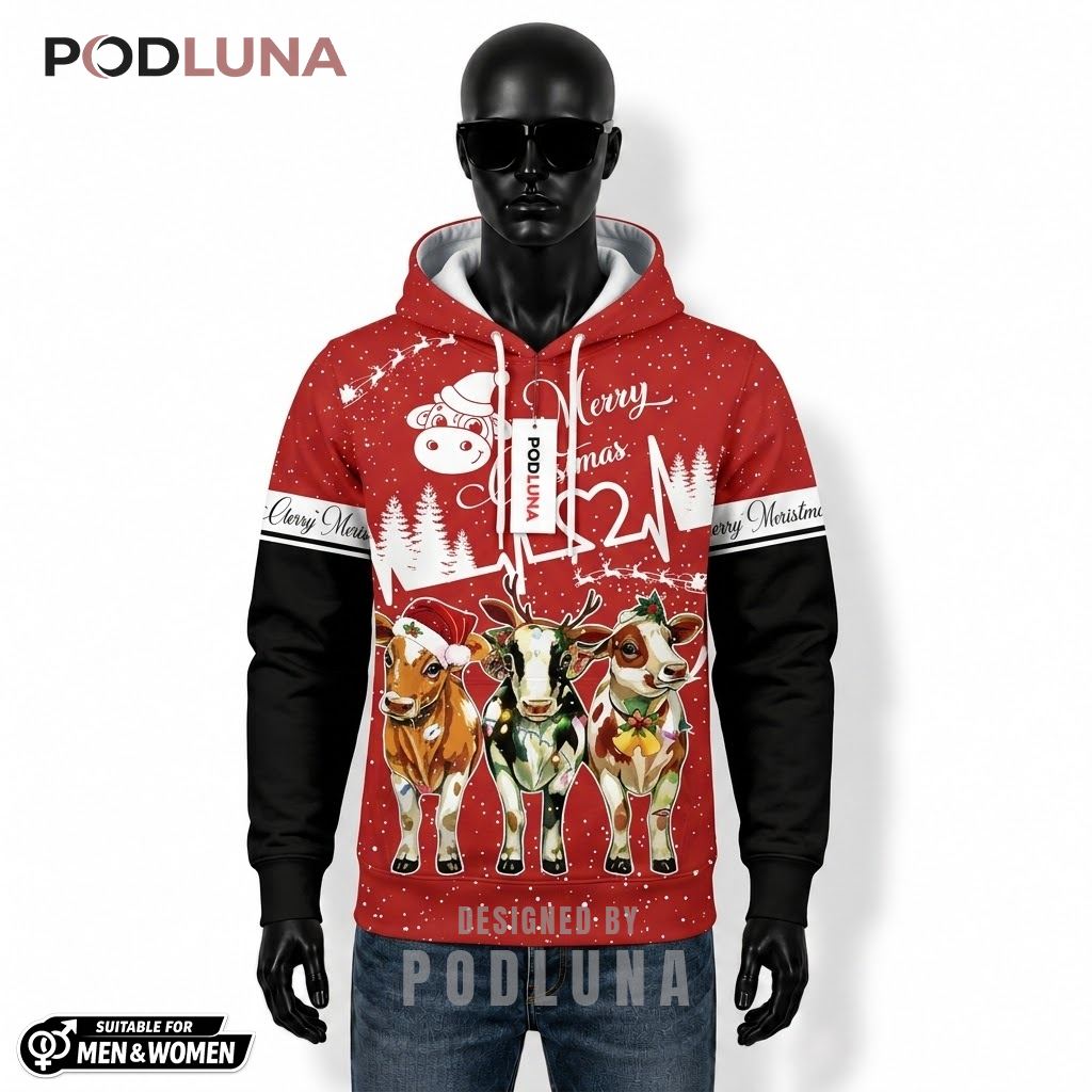 Reindeer Cows Lights Merry Christmas 3D Hoodie 1