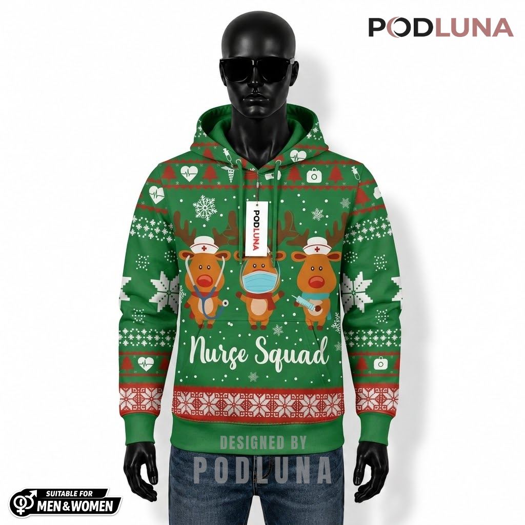 Reindeer Nurse Squad Funny Christmas 3D Hoodie 1