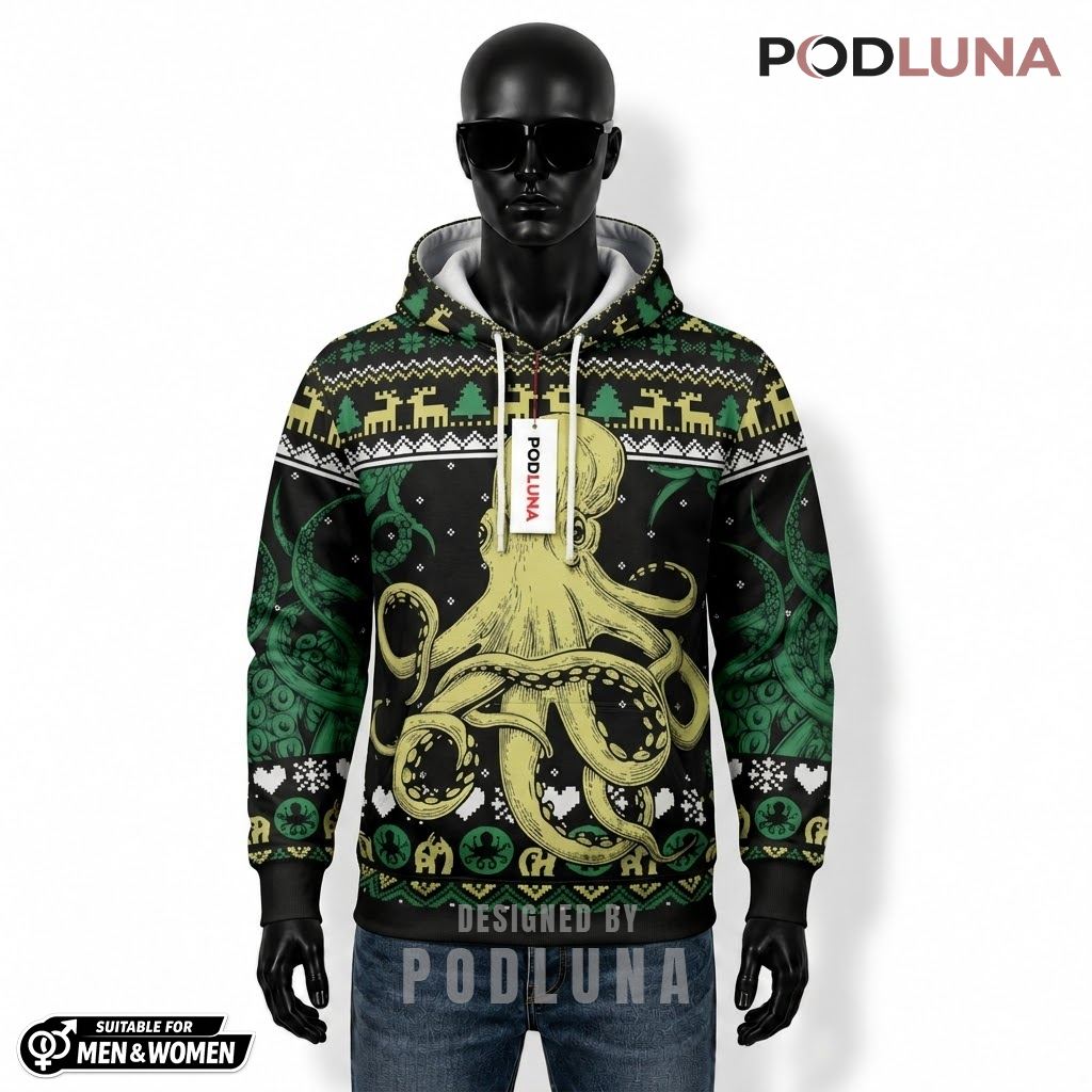 Reindeer Octopus Snowflake Ugly Holiday 3D Hoodie 1