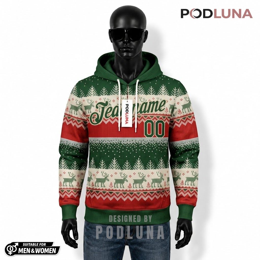 Reindeer Pattern Personalized Team Name Number 3D Hoodie 1