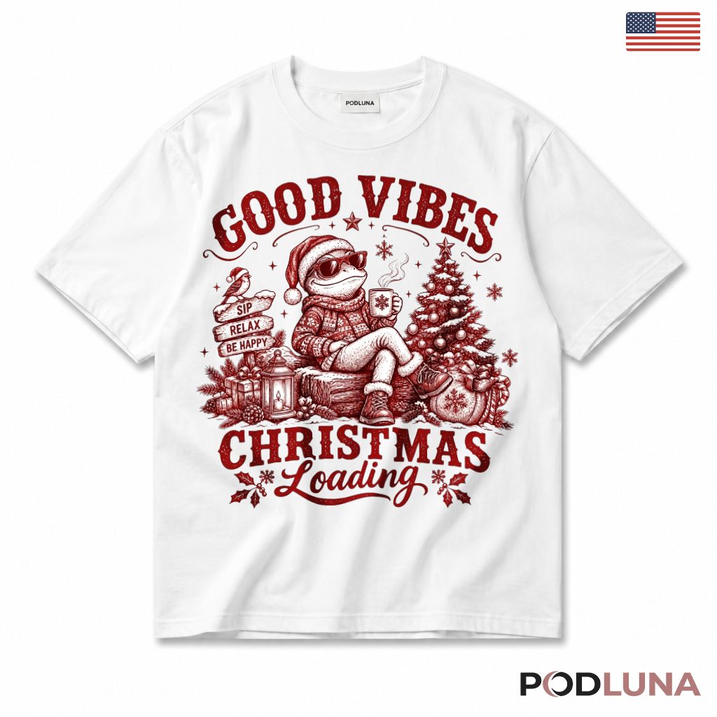 Retro Frog Christmas T-Shirt Good Vibes Sunglasses Red Toile Style Loading