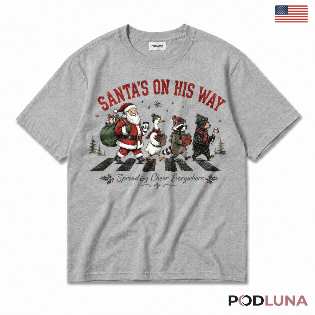 Santa Claus Animals Crosswalk Christmas T-Shirt Goose Raccoon Bear Funny