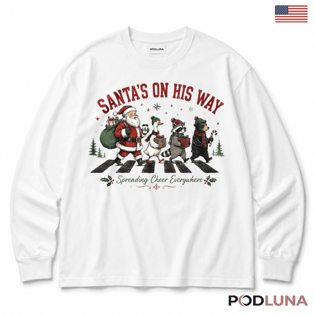 Santa Claus Animals Crosswalk Christmas Long Sleeve Goose Raccoon Bear Funny Santa Claus Animals Crosswalk Christmas Long Sleeve Goose Raccoon Bear Funny