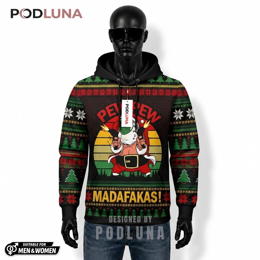 Santa Gun Christmas Trees Pew Madafakas Funny Ugly 3D Hoodie 1