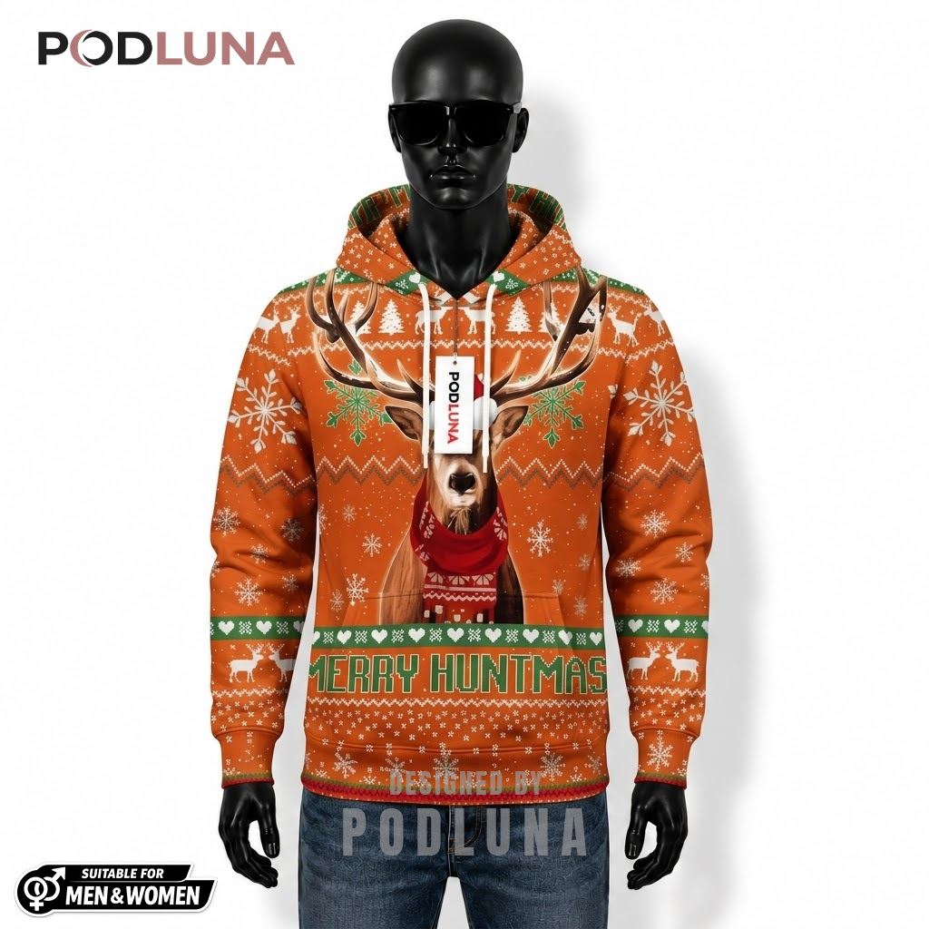 Santa Hat Reindeer Hunting Deer Funny Ugly Christmas 3D Hoodie 1