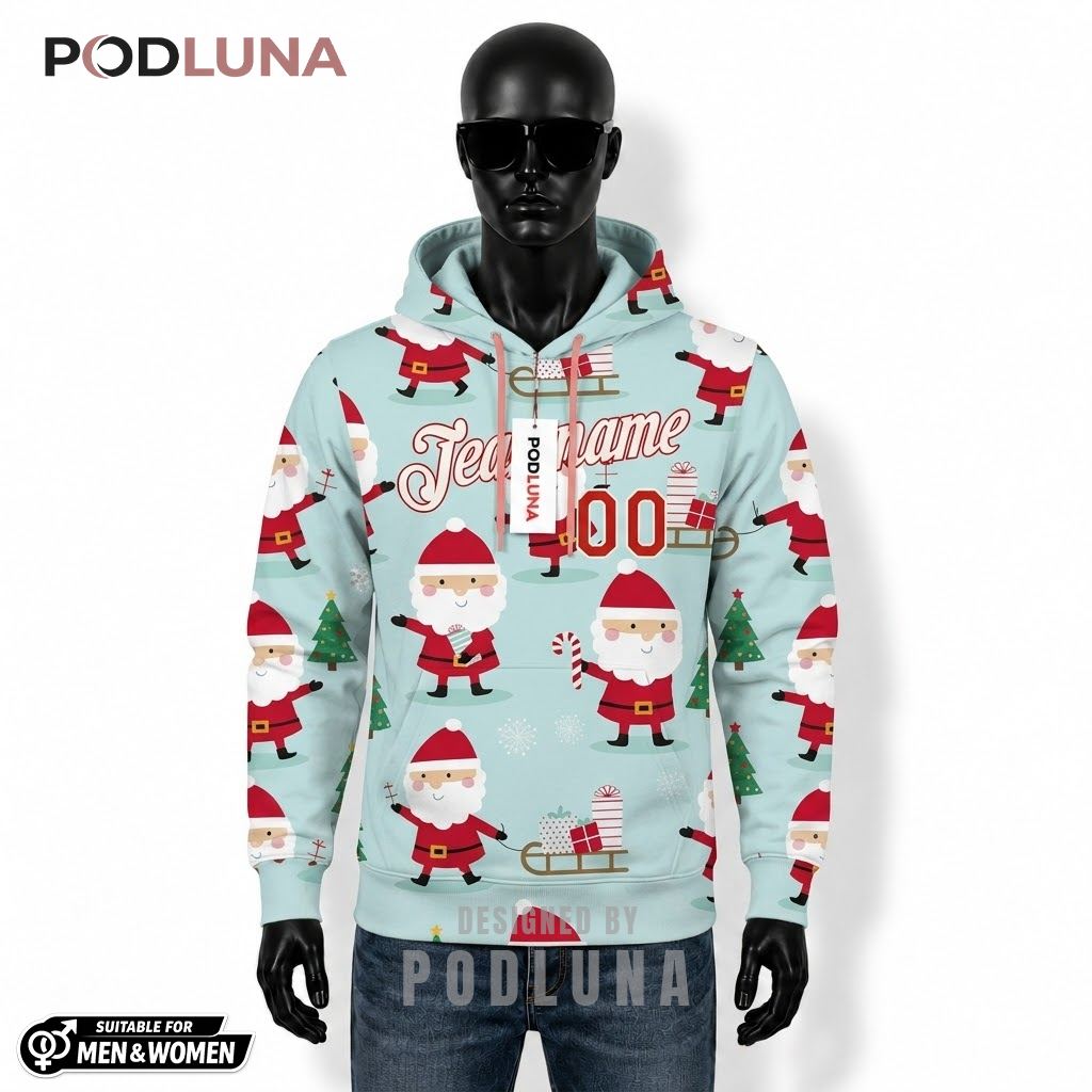 Santa Pattern Personalized Team Name Number Christmas 3D Hoodie 1