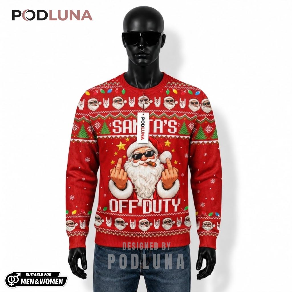 Santas Off Duty Ugly Christmas Sweater Funny Santa Sunglasses Cigar Rude Gesture Front