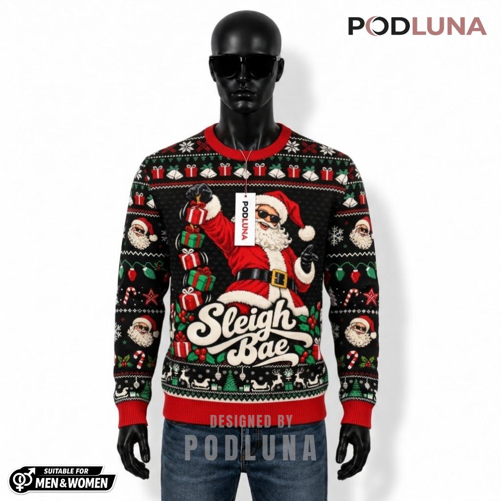 Sleigh Bae Ugly Sweater Christmas Cool Santa Sunglasses Gift Presents Xmas Front