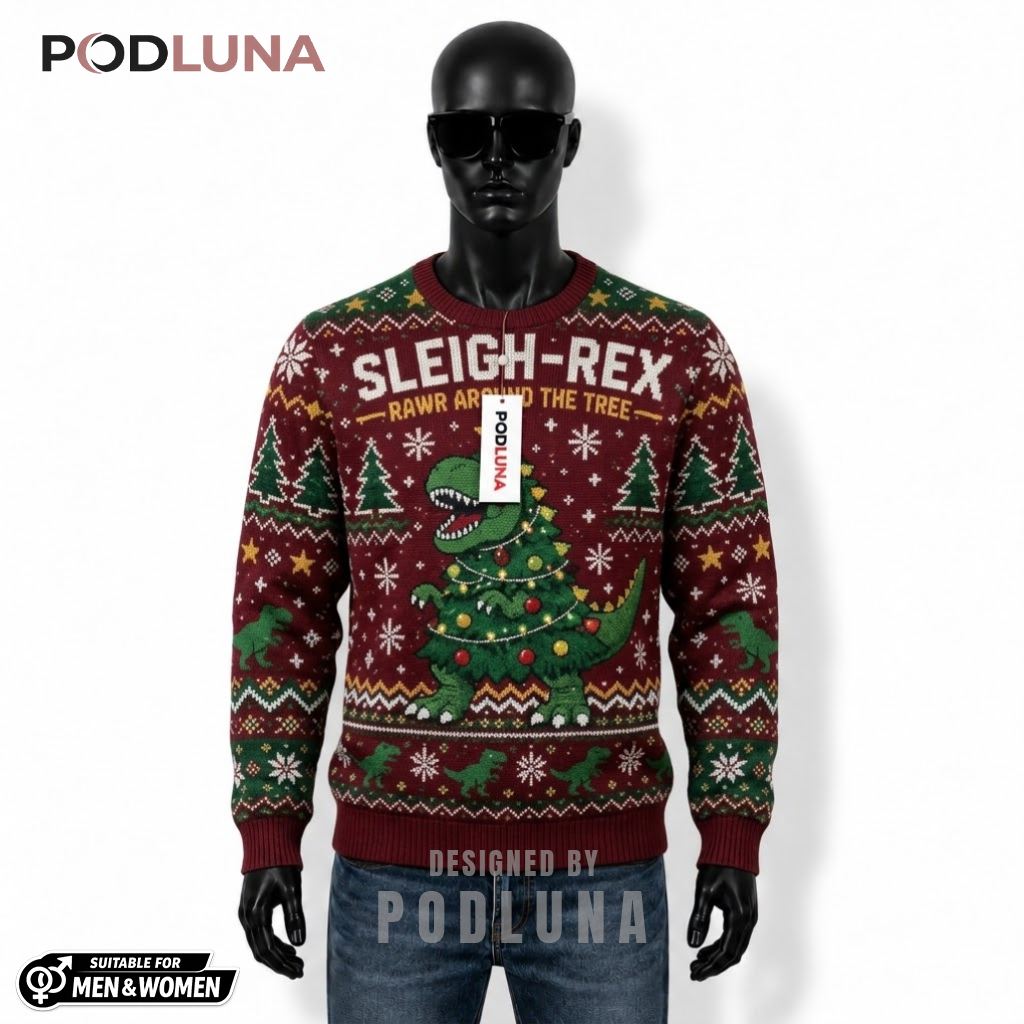 Sleigh Rex Ugly Sweater Christmas Dinosaur Rawr Around Tree Xmas Front