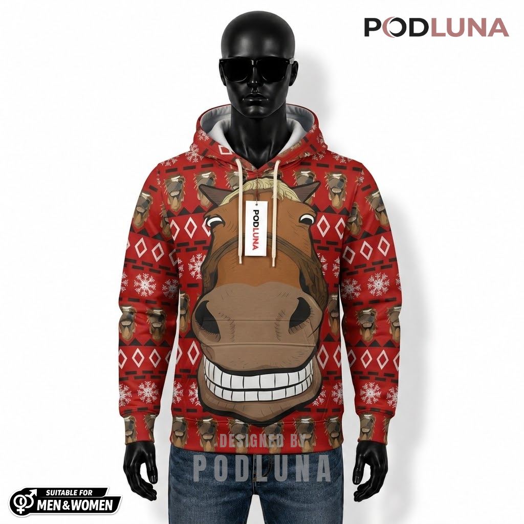 Smiling Horse Funny Ugly Christmas 3D Hoodie 1
