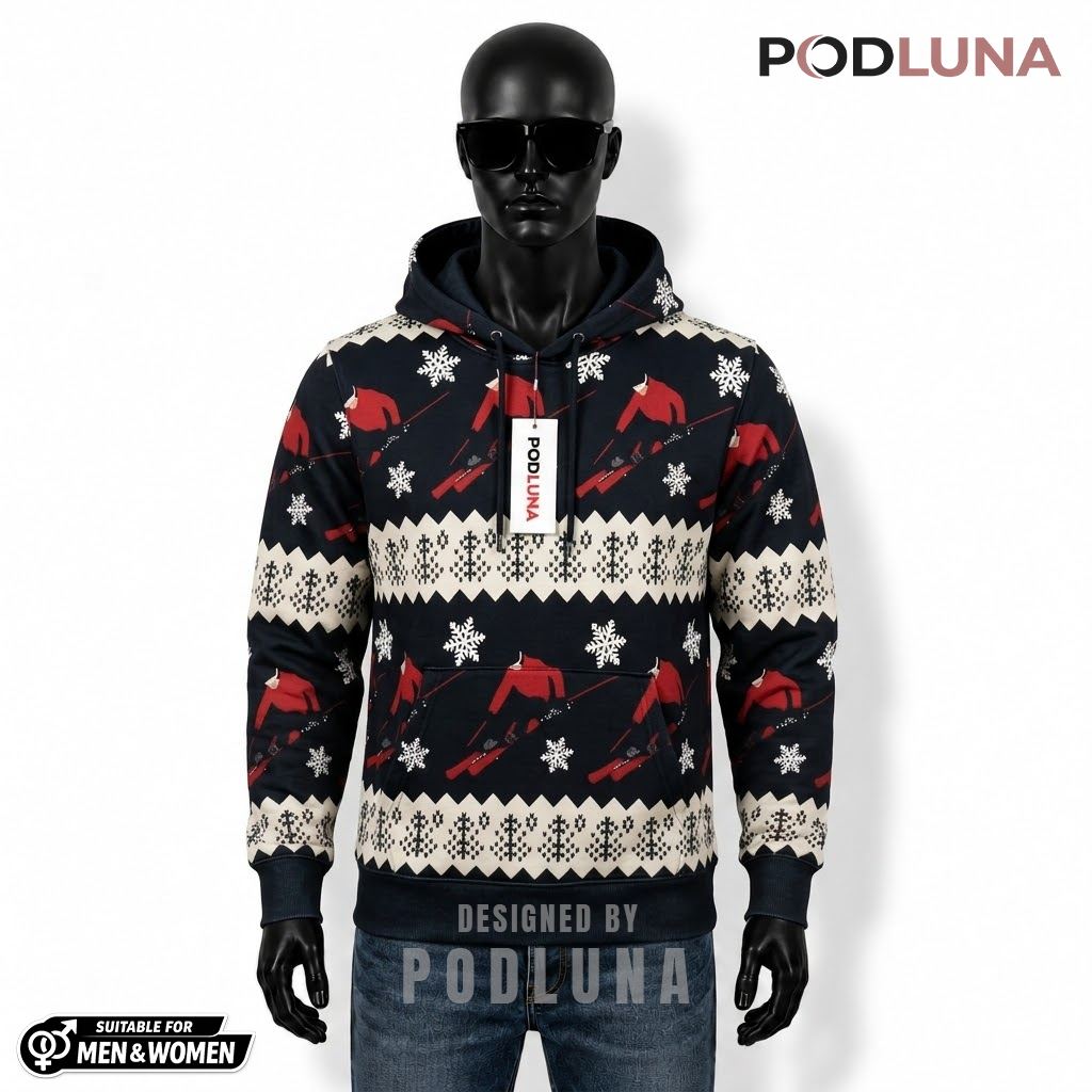 Snowflakes Nordic Pattern Skier Skiing Ugly Christmas 3D Hoodie 1