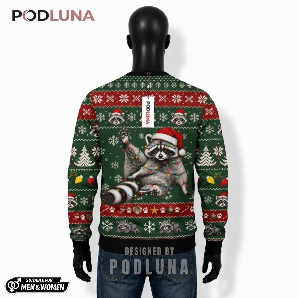 Sorry Santa Been Feral All Year Ugly Christmas Sweater Funny Raccoon Lights Back Sorry Santa Been Feral All Year Ugly Christmas Sweater Funny Raccoon Lights Back