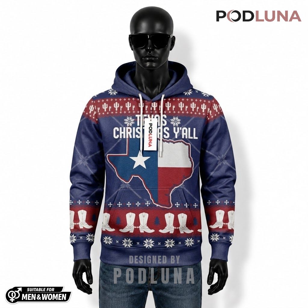 Texas Y'all Cowboy Boots Holiday Ugly Christmas 3D Hoodie 1