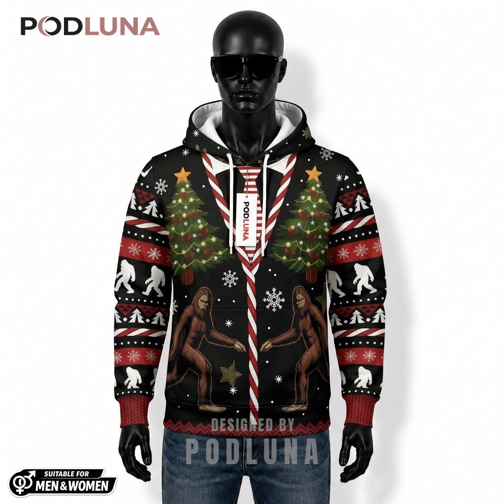 Tie Illusion Nordic Print Funny Bigfoot Ugly Christmas 3D Hoodie 1