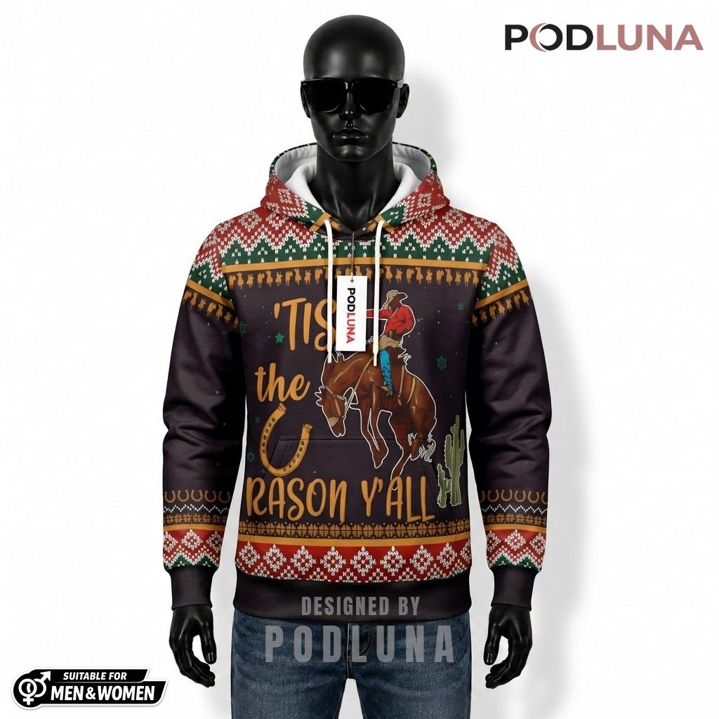 Tis The Season Y'all Cowboy On Horse Ugly Christmas 3D Hoodie 1