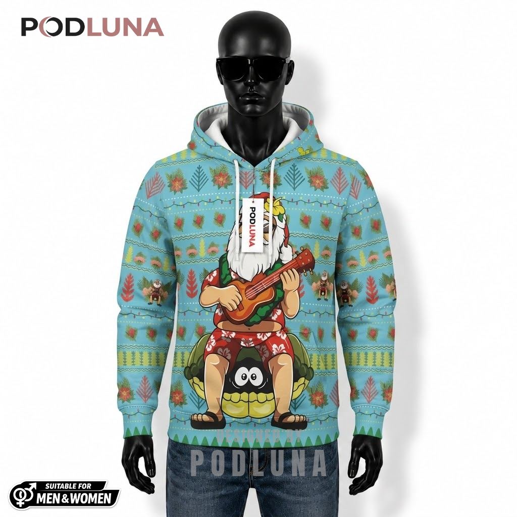 Ukulele Turtle Santa Hawaiian Ugly Christmas 3D Hoodie 1