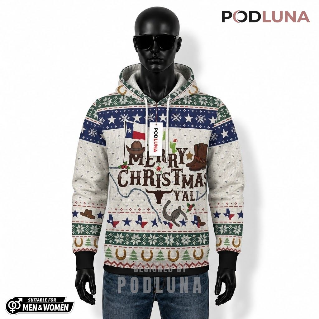 Western Gift Texas Cowboy Merry Christmas Y'all Ugly 3D Hoodie 1