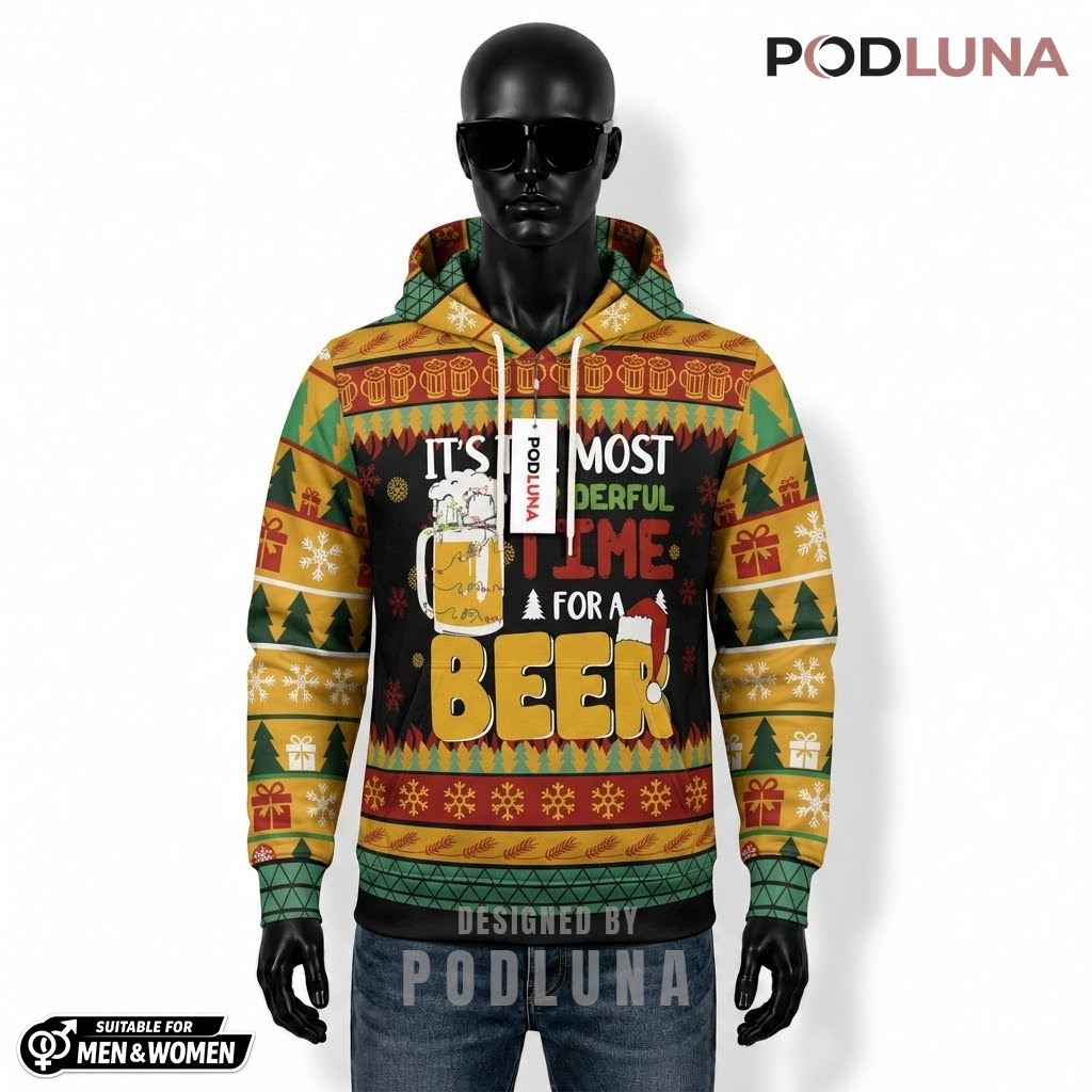 Yellow Design Wonderful Time Beer Ugly Christmas 3D Hoodie 1